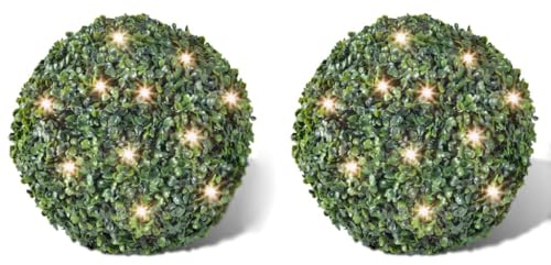 ILLUCIONE Christmas Decoration Outdoor Illuminated Box Ball Diameter 27 cm Boxwood Ball + 2 x Solar Christmas Lights for Christmas Decoration Outdoor Balcony Camping Room Party Garden