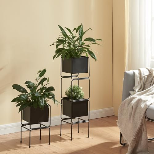 [en.casa] Ensemble de 2 Porte-Plantes avec Bac à Fleurs Intégrés Set de 2 Supports pour Plantes de Différentes Tailles avec Cache-Pots pour Salon Chambre Bureau Entrée Métal Noir