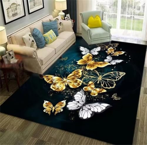 Xiaosua Tapis Anti Bruit Tapis d'eveil Bebe Garcon Bleu Tapis d'entrée 60x110CM Tapis d'entretien Facile à Motif Papillon Chinois doré