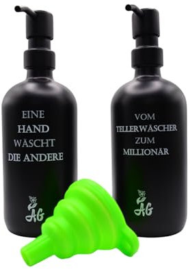 AG Seifenspender und Spülmittelspender - 2er Set - Glasflaschen mit Edelstahlpumpen und praktischem Silikon-Trichter. Modernes Design für Küche und Badezimmer. (schwarz)