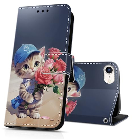 DiaryTown Handyhülle für iPhone 8 / iPhone 7 Hülle Wallet PU Lederhülle Klapphülle Stoßfest Schutzhülle Flip Case Cover Brieftasche iPhone SE 2020 / iPhone SE 2022 5G Handytasche - Z-Rote Rose & Katze
