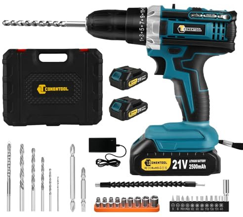 21V Akkuschrauber Set, Akku Bohrschrauber mit 2x 2500 mAh Batterien, 45 N.m Max schlagbohrschrauber, Drehmoment auf 25+1 Stufen, 2-Gang, 1850r/min Akkubohrer, 30PCS Zubehöre mit LED Licht