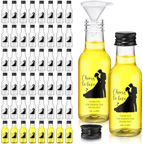 Hushee 50 Sets Wedding Party Favors for Guest 50 Cheer to Love Mini Liquor Bottles Plastic Alcohol Bottles with Funnels and with Black Cap Wedding Party Bridal Favors Decorations(1.7oz)