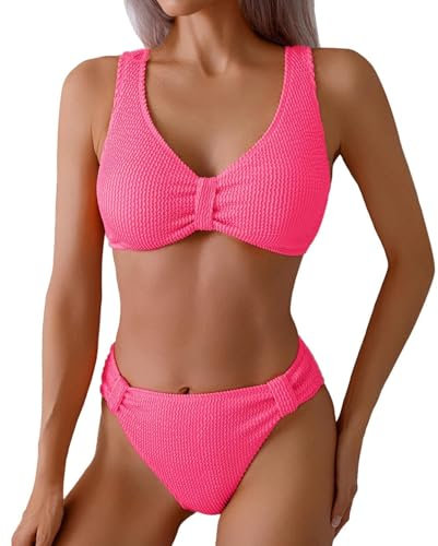 Femme Maillots de Bain Deux Pièces Push-up Ensembles Deux pièces Couleur Unie Chic Taille Haute Bikini Set Col V Élégant,Rose Vif,L,f2836r
