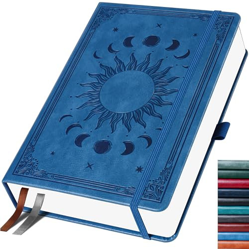 HwxBen Bullet Dotted Journal, Gepunktetes Notizbuch, 256 Seiten, 140 gsm Tintenfestes Papier, PU Hard Cover, Elastisches Band, Innentasche, Für Arbeit, Büro und Schule, 14,5 x 21 cm (Blau)