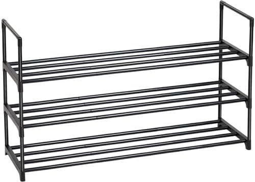 AMHANCIBLE Schuhregal 3 Ebenen, Schuhablage Metall, Schuhaufbewahrung, aufrecht oder umgedreht, stapelbar, für 16-20 Paar Schuhe, 93 x 30 x 56 cm, Schuhständer für Flur, Schwarz EHSRM03BK