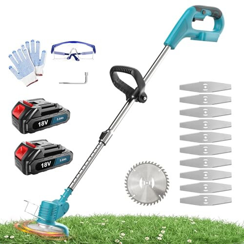 Metal Blade Strimmer, Cordless Grass Trimmer for Makita, Height Adjustable Grass Strimmer and Edger with 12 Metal Blades For Garden Clearing Weeds Trees (2 * 3000 mAH Battery)