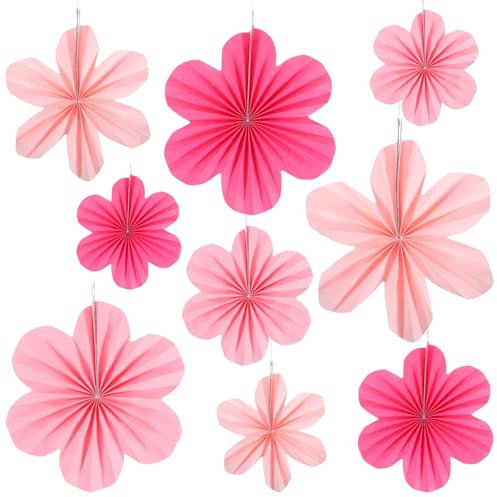 9 Pcs Light Pink Paper Fan Decorations Paper Fan Decorations Hanging Ornaments Papers Floral Backdrop Decor for Wall Girl Groovy Birthday Baby Shower Wedding Bachelorette Room Hanging 13.5/10.2/8 