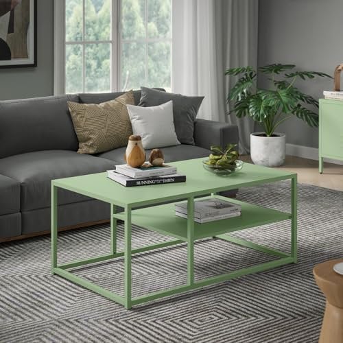 skølm Skadi Couchtisch aus Metall – Wohnzimmertisch mit Stauraum – Tisch Wohnzimmer mit zwei Ablagen – Beistelltisch mit verstellbaren Füßen – Sofatisch 45x100x60 cm (HxBxT) – Coffee table in Mintgrün