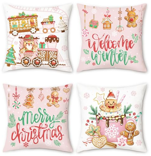 COZZSNUGE Weihnachts Lebkuchen Kissenbezüge 45 x 45 cm, Rosa Weihnachtsbaum Zug Bonbon Samtig Dekorative Kissenhülle Zierkissenbezüge für Sofa Wohnzimmer Zuhause 4er Set