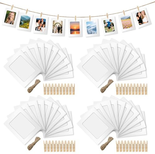 40 Stück Papier Bilderrahmen, Fotogirlande, Fotorahmen aus Pappe, 11.5X15.5Cm, mit 40 Klammern und 4 Hanfschnüren, DIY Wanddekoration Zum Aufhängen, Geeignet für Geburtstags, Hochzeits und Andere Part