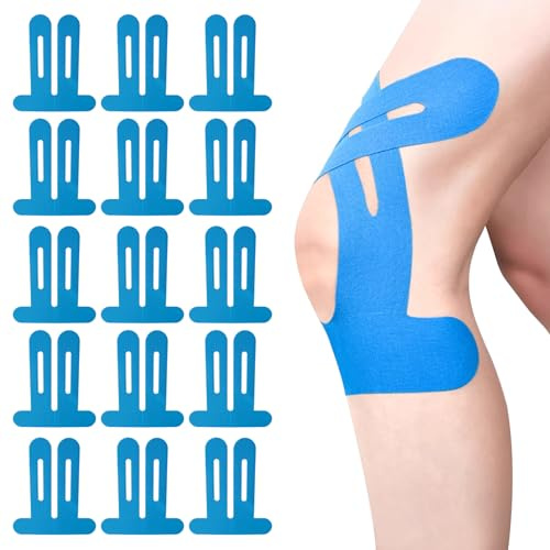Knie Tape Vorgeschnitten 15 Stück – Kinesiologie Tapes Knie, Stark Haftender Muskelpatch Knieschoner, Atmungsaktiv & Elastisch, Physio Tape für Sport & Reha (Blau, 15 Stück)