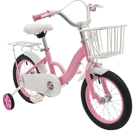 Coniaio 14 Zoll Kinderfahrrad für 3-7 Jahre, Fahrrad 14 Zoll Mit Stützrädern und Korb, Höhenverstellbarem Fahrrad für Kinder ab 4 Jahre für Jungen und Mädchen, Rosa