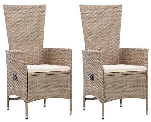 Owoxanthellate Poly Rattan Sessel 2er Set mit Auflagen Beige 58x62x108 cm verstellbare Rückenlehne wetterfest Cremeweiße Polster für Garten Terrasse Balkon Kleiner Balkon