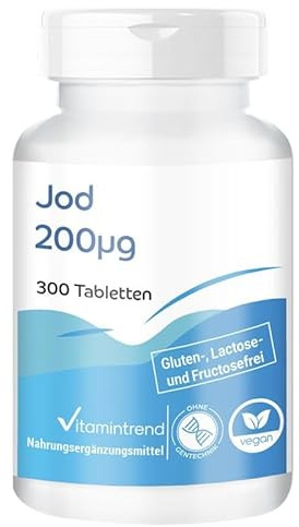Vitamintrend Jod 200μg, 300 Tabletten, schluckfreundlich, 200μg pro Tablette, hochdosiert, Nahrungsergänzungsmittel vegan ohne Magnesiumstearat, in Deutschland hergestellt