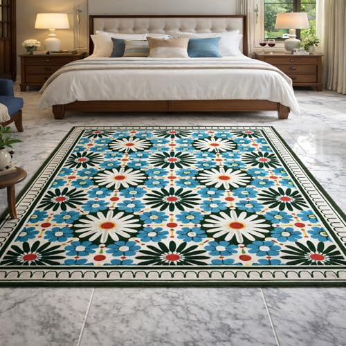 Teppich großer Wohnzimmer,Grünes geometrisches Muster, Blau, Rot, Gelb, Weiß, Schwarz, 200 x 300 cm, Waschbar Anti-Rutsch Teppiche für Esszimmer Schlafzimmer Arbeitszimmer Deko