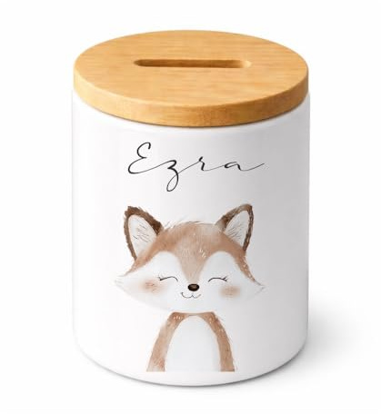 Manufaktur Liebevoll - Personalisierte Spardose für Kinder aus Keramik mit Bambusdeckel Kinder Spardose mit Name Geschenk zur Geburt Taufe & Geburtstag (Fuchs)