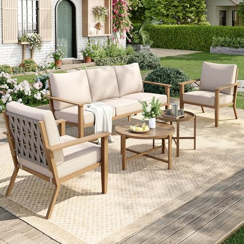 PHI VILLA Metal Garden Furniture Sets with Thickened 14.6cm Cushions, 5 Seater Outdoor Sofa with 2 Armchairs and 1 Coffee Table, Modular E-coating Patio Lounge Set for Backyard, Beige