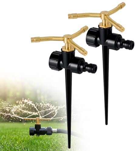 ANOMM 2Pzs Aspersores de Riego Metálicos, Aspersor de Riego de 3 Brazos | con Base Estaca, Sistema Aspersores Giratorio Automático 360 Grados, Gran Cobertura, para Plantas, Macizos de Flores y Patios