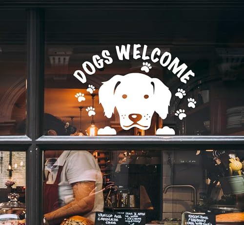 Dogs Welcome Paw Print Shop Business Dog Pet Sign Door Removable Shop Sticker Business Sign Vinyl Coffee Shop Paws (White Inside- Glass)