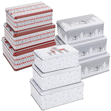heimtexland ® Keksdosen Set 3-teilig Weihnachten Plätzchendose Gebäckdose Eckig Rehe Wald Grau Typ658