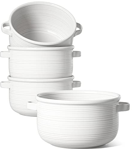 LE TAUCI Ceramic Soup Bowls with Handles, 28 oz/ 825 ml Lead-Free French Onion Soup Crocks, Oven and Microwave Safe, Heat-Resistant Design, Stackable, Dishwasher Safe, Set of 4, White