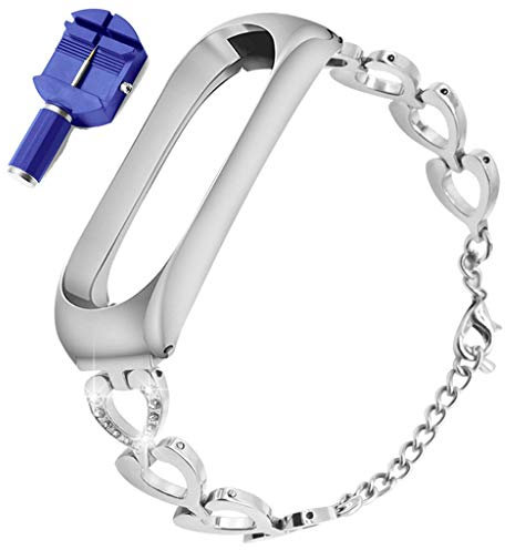 Miimall Compatible avec Xiaomi Mi Band 5 Bracelet de Montre en Acier Inoxydable Cordiforme Cristal Strass Elégant Famme Bande de Remplacement pour Xiaomi Mi Band 5 -Argent