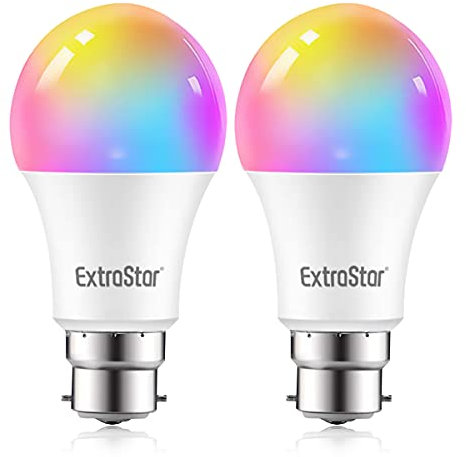 EXTRASTAR B22 WiFi Smart Bulb Alexa Light Bulbs, 10W 1000LM Dimmable Colour Changing Light Bulb, A60 RGB WiFi LED Bulbs, Remote Control Compatible with Alexa, Google Home (2 Pack)