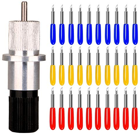 Gebildet 30pcs Lames Coupe de Traceur de Coupe de Vinyle pour Roland et la Plupart des Traceurs Nationaux et Importés avec Base de Support de Lame, 10pcs 30° Bleu/10pcs 45° Rouge/10pcs 60° Jaune