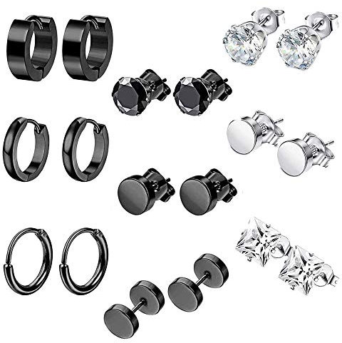 9 Paires Boucle D'Oreille Homme, Acier Inoxydable, Noir Zircone, Femme Clou D'Oreille, Pour Le Cartilage Ou D'Autres Parties