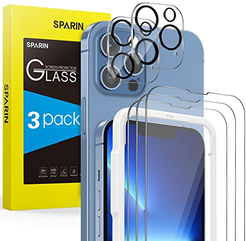 SPARIN 3 Piezas Protector de Pantalla para iPhone 13 Pro 6,1 Pulgadas, Cristal Templado con 2 Protector de Lente de Cámara, Marco de Instalación Fácil