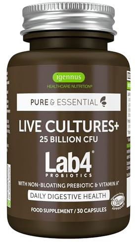 Igennus Probiotics & Prebiotic, Lactobacillus Acidophilus & Bifidobacterium, Live Cultures Complex for Gut Health, 25 Billion CFU, Vegan, Bloating Relief, for Women and Men, 30 Capsules, 1 a-Day