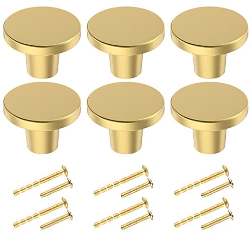 BIGLUFU 6 Pcs Brass Drawer Knobs, 1/25mm Round Kitchen Cabinet Knobs, Furniture Door Handles Cupboard Pulls with Screws, Brushed Finish (Gold)