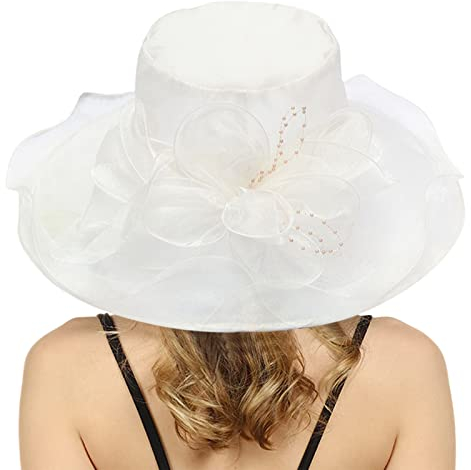 Sommer Mesh Hut Elegante Blumen Organzahut Strandhut Damenhut Breite Krempe Sonnenhüte Kappen Sonnenschutz Sonnenhüte Mode Organzahut Brauthut Sommer Kirche Strand Party Hochzeit (White, One Size)