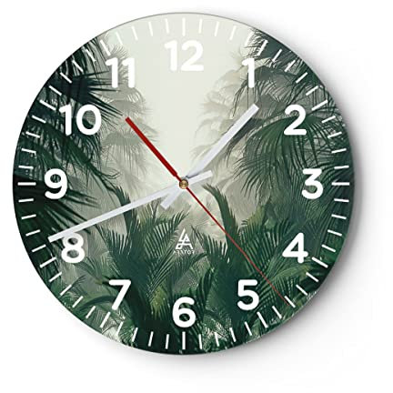 Modern Wanduhr Dschungel Blätter Palmen 30x30cm Rund Klein Wand Uhr Glas Analog Zimmeruhren Küche Büro Wohnzimmer Glasuhr Wall Clock Dekoration Design Wanddekoration Küchenuhr C4AR30x30-4504