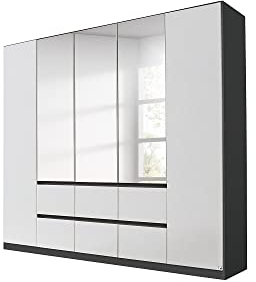 Rauch Möbel Mainz Schrank Kleiderschrank Drehtürenschrank Weiß/Grau metallic, Schwarz, 5-türig Spiegel, 6 Schubladen, Zubehörpaket Basic 3 Einlegeböden, 3 Kleiderstangen, grifflos BxHxT 226x210x54 cm