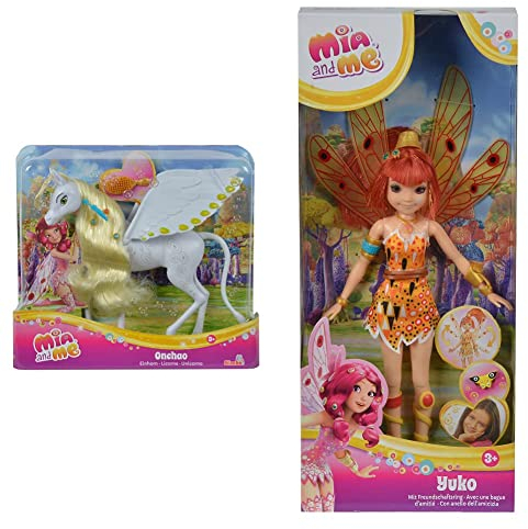 Simba 109480093 - Mia and Me Einhorn Onchao, mit beweglichen Flügeln, Haarclips & 109480090 - Mia and Me Puppe Yuko mit Glasaugen, Elfe mit beweglichen Flügeln und Beinen, Haarclips, 23cm
