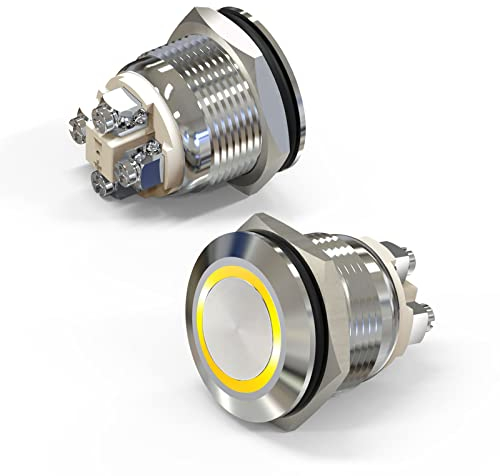 FILN Moment Drucktaster 19mm IP67 Edelstahl wasserdicht 16A 12-24V AC/DC Schraubklemmen mit gelb LED Industrietauglicher Taster für Elektrogeräte & Maschinensteuerung