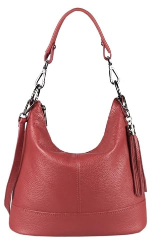 OBC Made in Italy Damen Leder Tasche Umhängetasche Shopper Schultertasche Handtasche Crossbody Hobo Bag Crossover Ledertasche Damentasche Fransen Dunkelrot