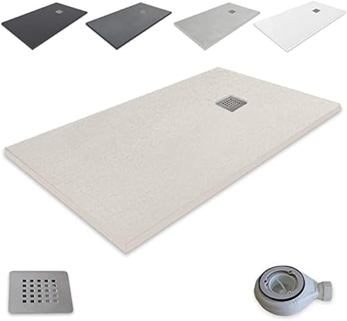 Outletaseo - Piatto doccia in resina extra piatto, antiscivolo, texture lavagna, disponibile in varie misure e colori, include valvola di scarico e griglia (70 x 80 cm, beige RAL 1172)