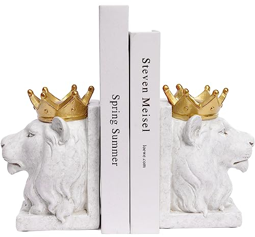 Maison Des Cadeaux Serre-livres en forme de lion avec couronne dorée, bloqueurs de livre fantaisie uniques en forme de lion, accessoires d'étagère décoratifs accrocheurs