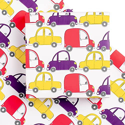 WRAPAHOLIC Geburtstags-Geschenkpapierbogen – 12 Bögen Auto-Design, flach gefaltet für Party, Babyparty, Urlaub, 50 x 76 cm pro Bogen