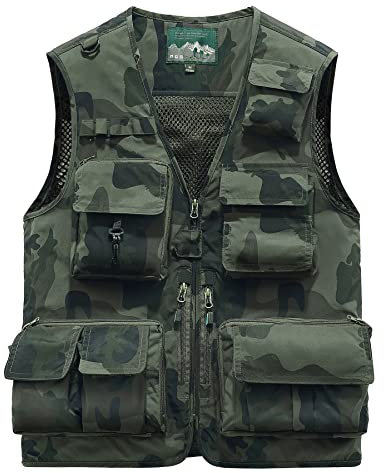 KTWOLEN Men's Outdoor Vest Quick Dry Fishing Vest Multi Pocket Breathable Gilet Safari Hunting Hiking Photography Waistcoat Sleeveless Jacket, Dark Camo, L