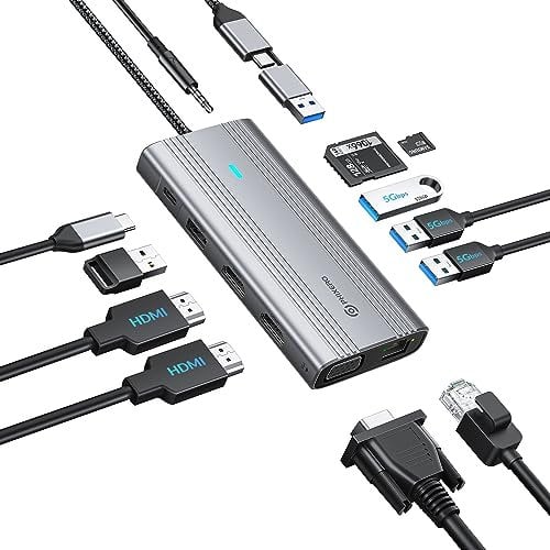 PHIXERO 12 in 1 USB Docking Station Triple Monitor for Mac M1/M2, Displaylink Dock with 2 HDMI & 1 VGA, 3 USB 3.0 &1 USB 2.0, SD/TF Port, Ethernet, Audio, Compatible with Thunderbolt, Windows,et