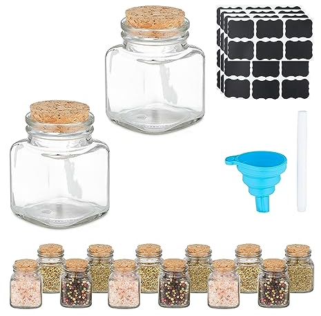 Relaxdays Gewürzgläser, 14er Set, Gewürzdosen Glas, 100 ml, inkl. Etiketten & Trichter, Korkdeckel, transparent/Natur, Kork, Silikon