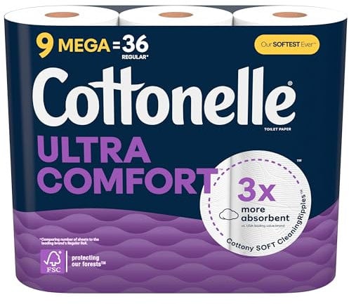 Cottonelle Ultra Comfortable Toilet Paper, Heavy Duty Toilet Paper, 9 Mega Rolls (9 Mega Rolls = 36 Regular Rolls), 244 Sheets Per Roll, Packaging May Vary
