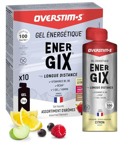 Overstim.s - Gel Energix (10 sachets) - Gel énergétique pour le sport - Energie longue durée (Glucose+Fructose+Maltodextrines) - BCAA - 100 kcal/gel - Assortiment (Citron, Fruits rouges, Caramel salé)