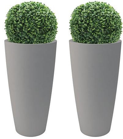 NICOLI Macetero alto Style 36 x 70 cm de alto para interior y exterior, base extraíble, con dos besos artificiales incluidos (2 unidades de 36 x 70 cm con 2 bosques artificiales, gris)