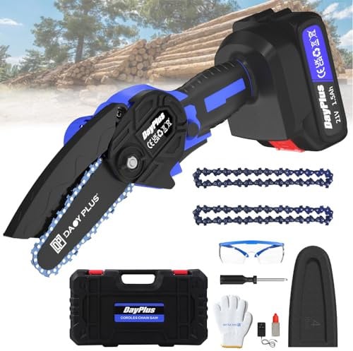 600W 4 Inch Electric Chain Saws to Cut Wood and Trees, Battery Powered Electric Chainsaw Brushless Handheld Chainsaw Portable with 2x1500mAh Batteries for Tree Branches, 2200r/Min