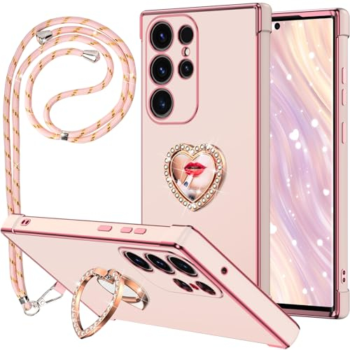 Miss Arts für Samsung Galaxy S23 Ultra Hülle, S23 Ultra Hülle mit Handykette, Frauen Mädchen Handyhülle mit Ring 360° Drehbarer Ständer, TPU Schutzhülle für Samsung Galaxy S23 Ultra Case, Rosa
